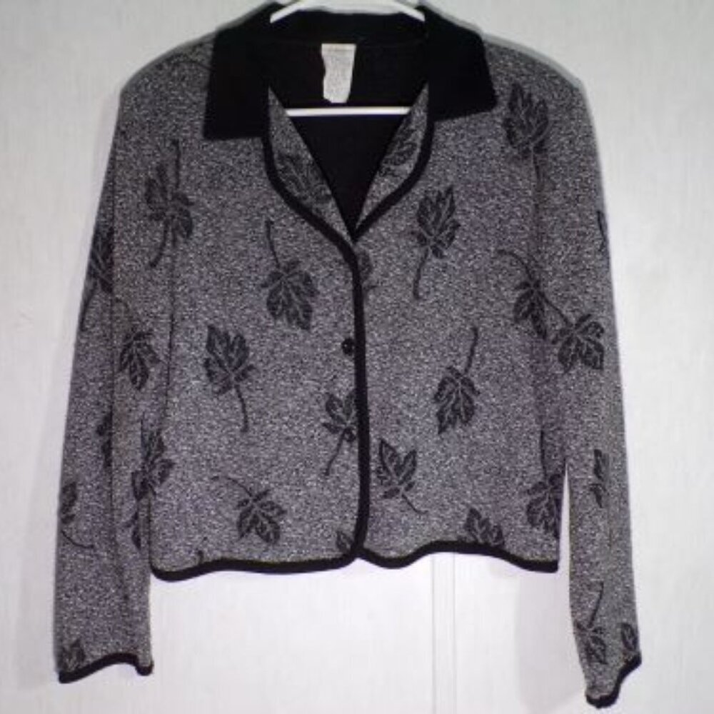Vintage Made USA Women Sweater Cardigan 12P Black White Leaf Print Grandmacore